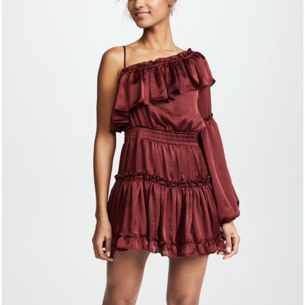 MISA Lucien Off-the-shoulder Satin Mini Dress In Wine